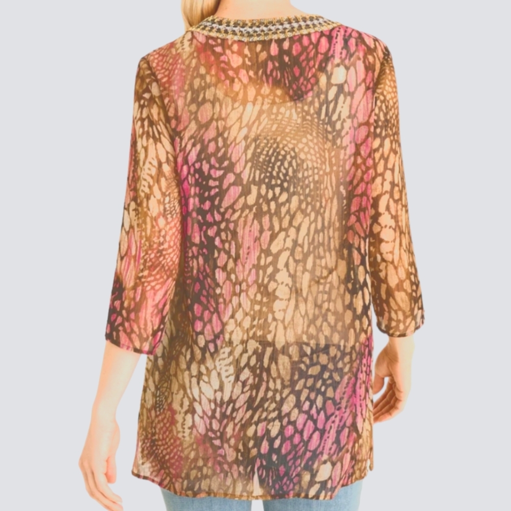 Chico's pink & brown animal print jeweled beaded silk tunic top Womens Medium - Picture 3 of 8